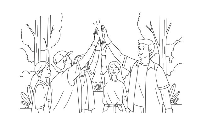 Celebratory high five among friends in nature line drawing