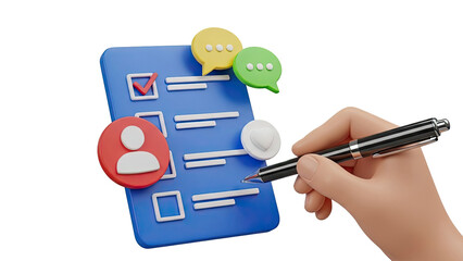 3D Illustration of a Checklist with Icons and a Hand Holding a Pen