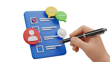 3D Illustration of a Checklist with Icons and a Hand Holding a Pen