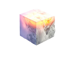 A glowing translucent cube with a broken crystalline surface
