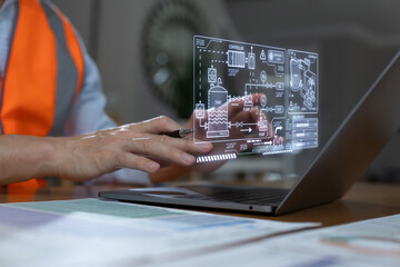 Engineer using tablet to monitor industrial control system with digital interface. Concept of smart factory, SCADA, PLC, flow monitoring, automation in industrial process management.
