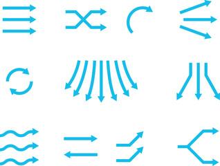 Air flow arrows collection. Wind stream, fresh water direction, conditioner or filter system infographic elements. Vector arrow icons set