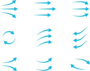 Air flow arrows collection. Wind stream, fresh water direction, conditioner or filter system infographic elements. Vector arrow icons set