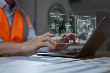 Engineer using tablet to monitor industrial control system with digital interface. Concept of smart factory, SCADA, PLC, flow monitoring, automation in industrial process management.
