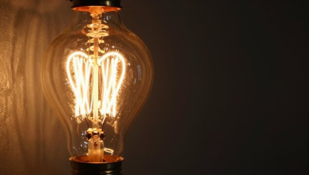Glowing incandescent light bulb with filaments shaped like a stylized heart burns brightly