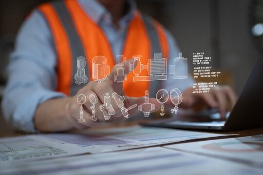 Engineer using tablet to monitor industrial control system with digital interface. Concept of smart factory, SCADA, PLC, flow monitoring, automation in industrial process management.