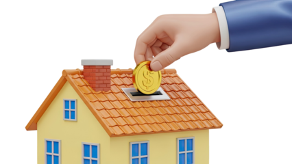 Hand depositing coin into house piggy bank