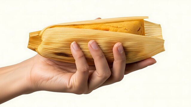 hand holding tamale wrapped in corn husk