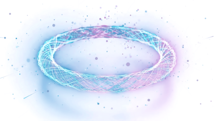 Glowing blue wireframe ring in space with stars and particles