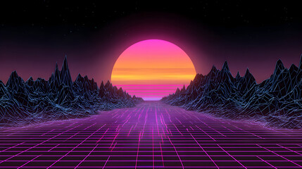 Retro futuristic sunset over snowy forest