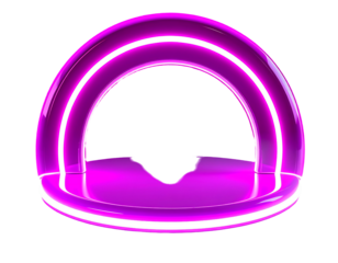 Glossy, neon-lit, purple arch shape with a platform base