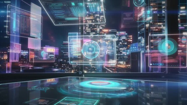 Futuristic control room with advanced technology and data visualization displays