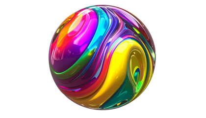 Colorful, glossy sphere with swirling, iridescent paints on black background