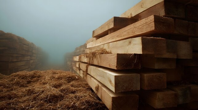 Stacks of lumber and sawdust in a misty industrial outdoor setting