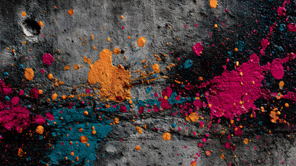 Vibrant paint splatter on concrete