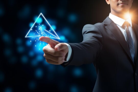 Businessman interacting with a glowing digital arrow pointing up, symbolizing growth and success