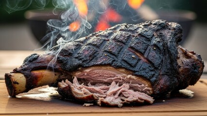 Perfectly smoked succulent dark-crusted meat ready to be pulled with fire and smoke in background