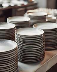 Large Stack of Ceramic Plates in Soft Light