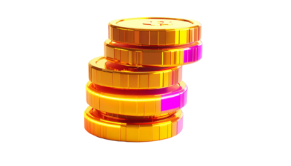 Stack of gold coins isolated on a black background, glowing edges