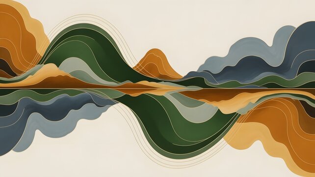 Abstract landscape featuring layered flowing mountain shapes reflecting perfectly in calm waters below a light background