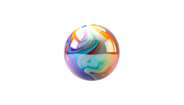 A colorful, swirling liquid encapsulated in a reflective, spherical form - Powered by Adobe