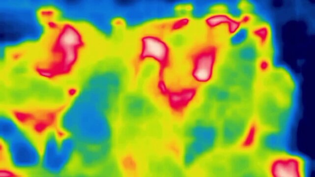 in the poultry yard. Chickens and ducks. Image from thermal imager device.