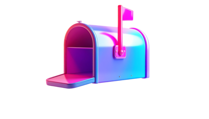 A glossy, gradient-lit mailbox with a raised flag, open door