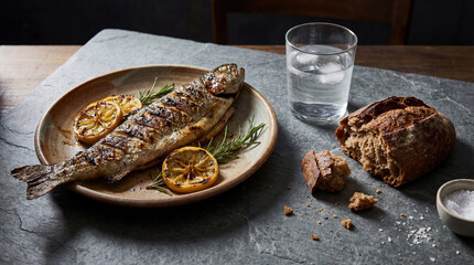 Grilled whole fish served with lemon, bread and water on stone table. Traditional Christian meal for Good Friday or Lent season. Religious fasting and abstinence concept.