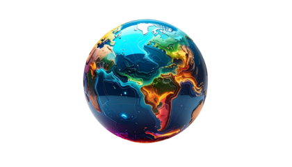 Stylized, colorful Earth globe against black background with vibrant details
