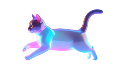 A glowing, translucent feline in motion against a black backdrop