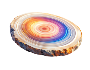 A sliced, polished stone displaying concentric, colorful bands