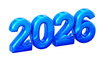 Shiny, blue 3D rendering of the year "2026" on a dark background