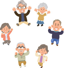 輪になってジャンプする6人のシニアの男女