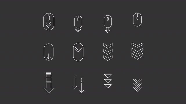 Scroll down animation set. Page navigation animated white line icons. User interface, scroll indicator. Computer mouse, mobile swipe. Isolated elements on dark background. Alpha channel HD video