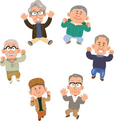 輪になってジャンプする6人のシニアの男性