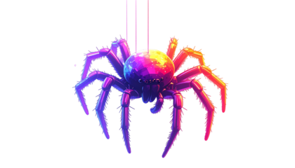A glowing spider with iridescent colors hangs against a black backdrop