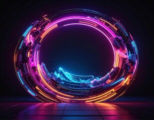 Glowing neon circle frame with digital wave effect