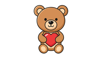 Cute cartoon teddy bear holding a red heart on white background