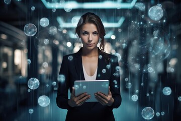 Businesswoman interacting with a holographic network and floating data bubbles, representing future technology