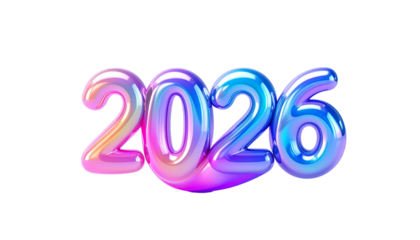 Colorful, glossy 3D rendering of the year "2026" against a black backdrop