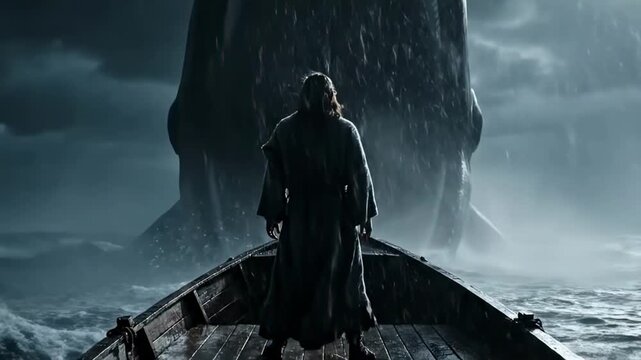 Prophet Jonah faces a giant fish during a divine trial in a stormy sea, symbolizing faith, repentance, and spiritual testing