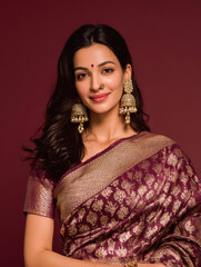 indian beautiful woman wearing maroon and gold silk sari with pearl earrings posing on maroon background