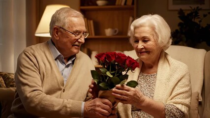 An elderly man surprises his wife with a bouquet of red roses while sitting together in a cozy, dimly lit living room