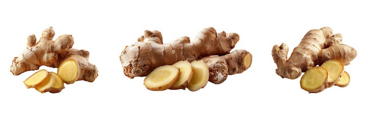Three ginger roots with slices isolated on a transparent background