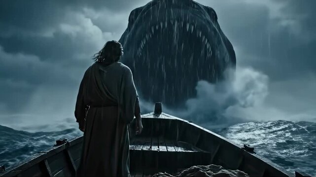 Prophet Jonah faces a giant fish during a divine trial in a stormy sea