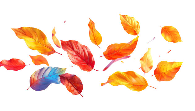 Colorful autumn leaves in mid-air against a stark black background