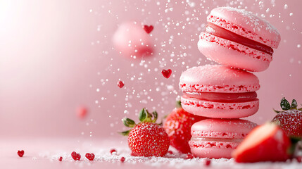 Three pink macarons stacked with sliced fresh strawberries at bottom falling sugar snow and hearts for pastry shop ad or sweet love concept.

