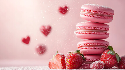 Close up of delicious pink macarons with strawberry and cream filling dreamy bokeh heart background on left for valentine sale or baking banner.