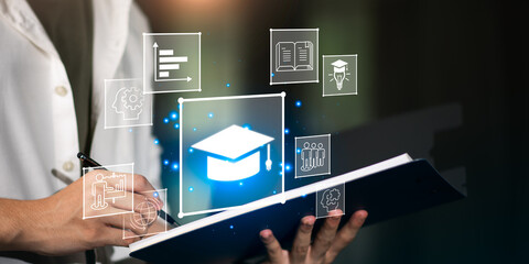 A person writing in notebook with glowing graduation icon and digital education elements, symbolizing modern learning, academic progress, digital platforms, and digital transformation in education.