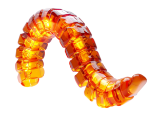 Abstract, segmented, orange-yellow object with transparent cubic parts